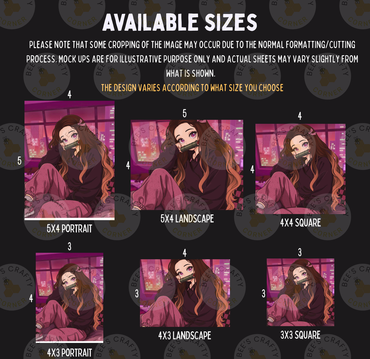 six different sizes of the same illustration of a person with long hair and a mask, with varying levels of detail and perspective.