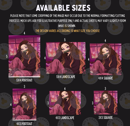 six different sizes of the same illustration of a person with long hair and a mask, with varying levels of detail and perspective.