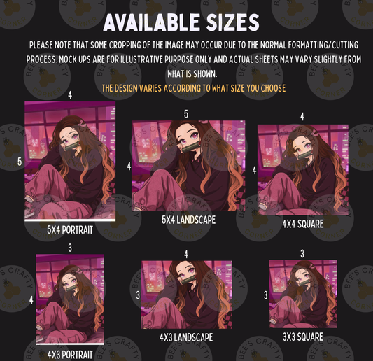 six different sizes of the same illustration of a person with long hair and a mask, with varying levels of detail and perspective.