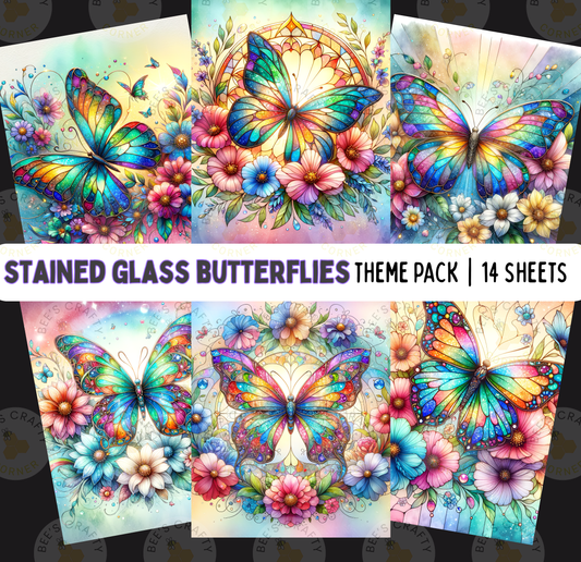 The image is a theme pack of stained glass butterflies, containing 14 sheets of vibrant, colorful butterfly illustrations.
