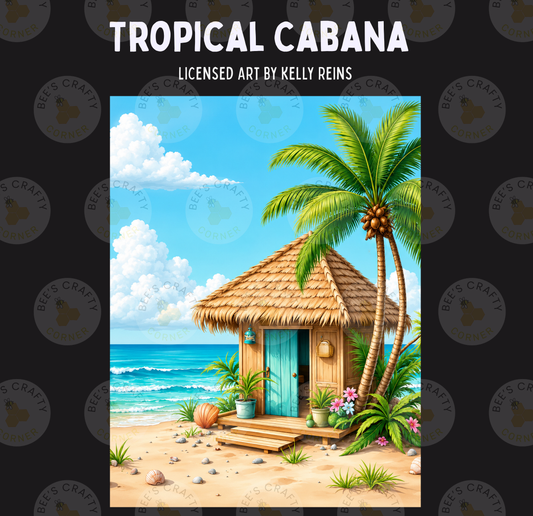 a tropical cabin with a thatched roof, palm trees, and a wooden door, situated on a sandy beach with the ocean in the background.