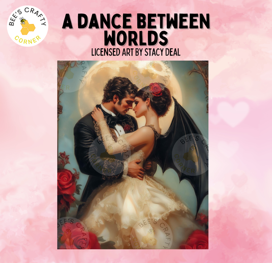 The image is a painting depicting a couple embracing in a romantic embrace, with the man wearing a tuxedo and the woman wearing a white dress.