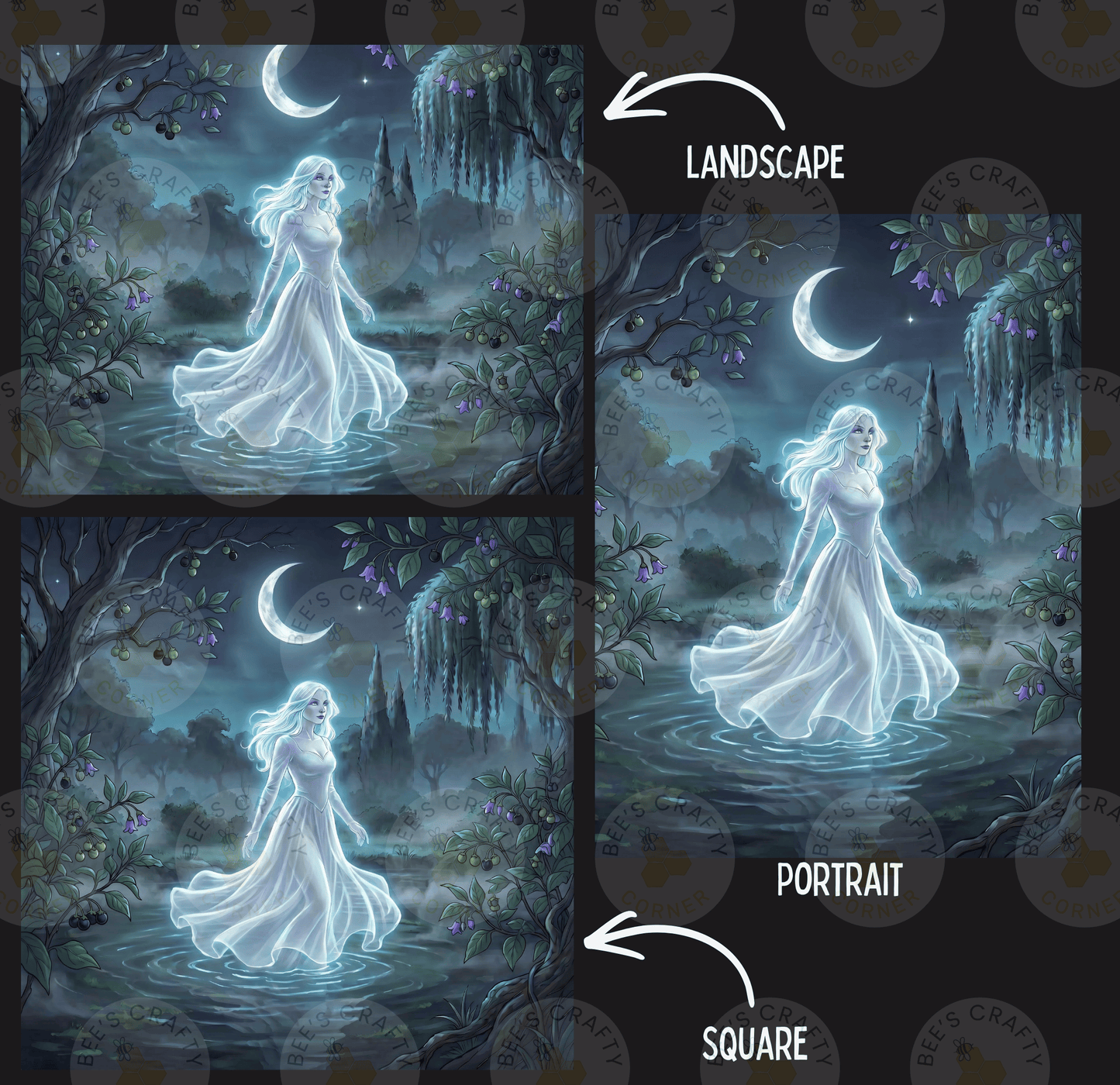 The image is a collage of three pictures depicting a woman in a flowing white dress standing in a misty, forested landscape under a crescent moon. The woman appears to be floating or walking through the mist, surrounded by trees and a lake. The images are labeled as "LANDSCAPE" and "PORTRAIT" to indicate the different artistic styles used to create the scene.