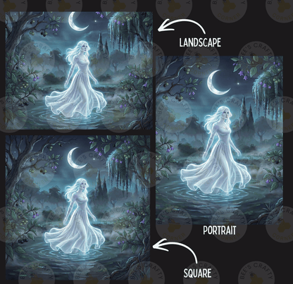The image is a collage of three pictures depicting a woman in a flowing white dress standing in a misty, forested landscape under a crescent moon. The woman appears to be floating or walking through the mist, surrounded by trees and a lake. The images are labeled as "LANDSCAPE" and "PORTRAIT" to indicate the different artistic styles used to create the scene.