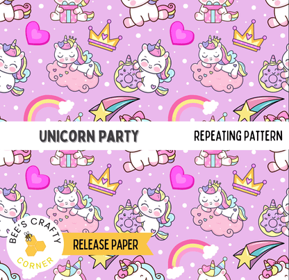 The image is a repeating pattern of various unicorn and heart-shaped characters, including a sleeping unicorn, a pink unicorn, and a pink heart. The pattern is set against a pink background with white polka dots and stars. The text "UNICORN PARTY" is displayed prominently in the center, and "REPEATING PATTERN" is written below it.