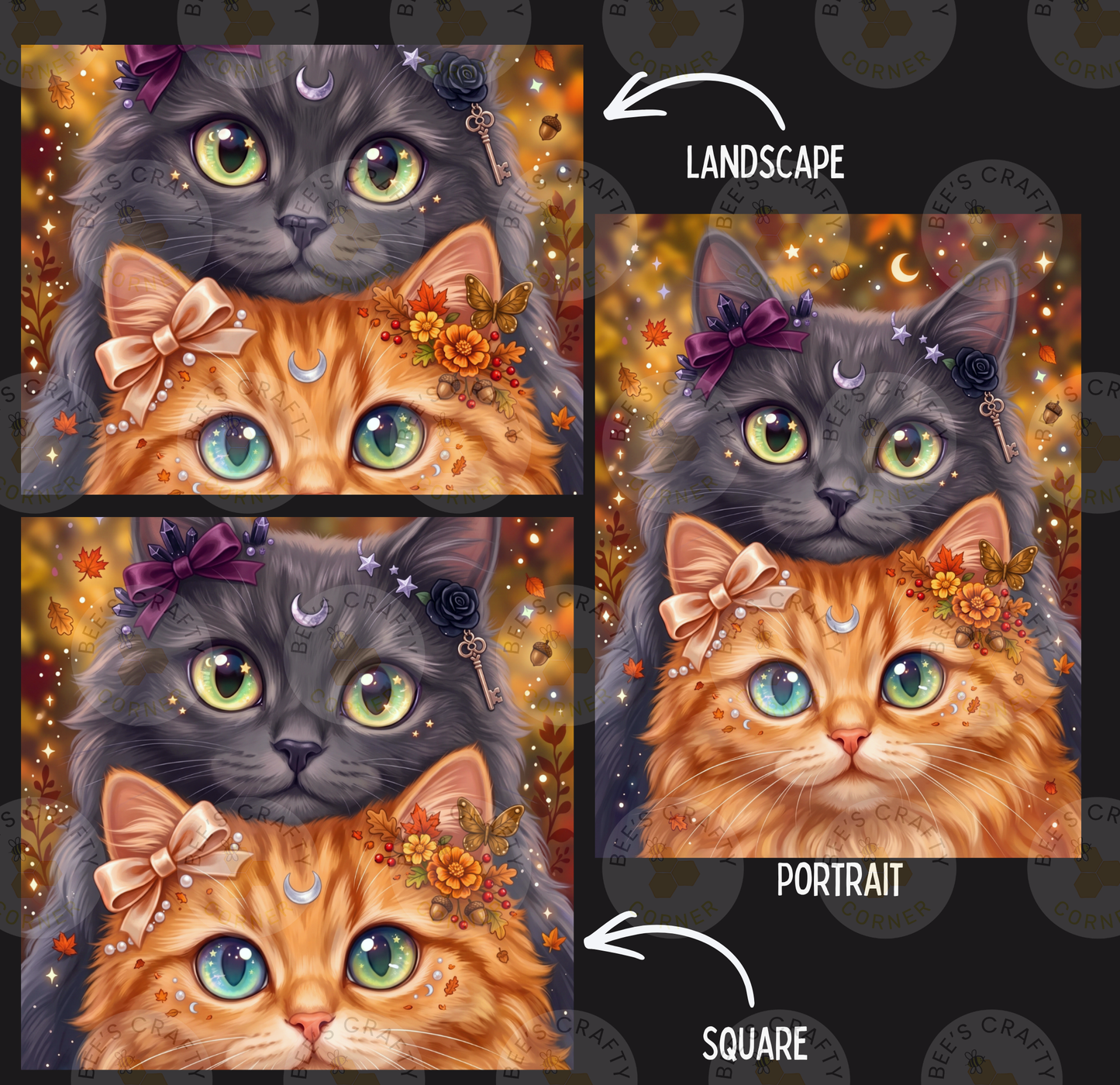 The image is a collage of four images featuring cats with bow ties and flowers, labeled as "Landscape" and "Portrait" in the top and bottom corners, respectively.