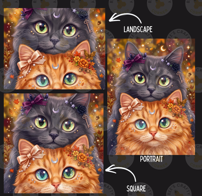 The image is a collage of four images featuring cats with bow ties and flowers, labeled as "Landscape" and "Portrait" in the top and bottom corners, respectively.