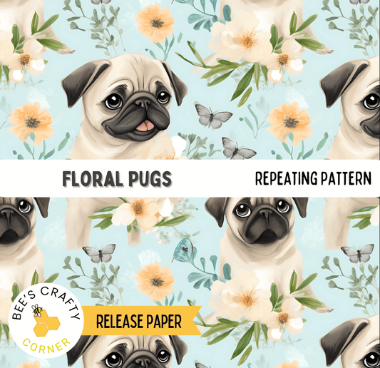 The image is a repeating pattern of pug dogs against a floral background, featuring various flowers and butterflies.