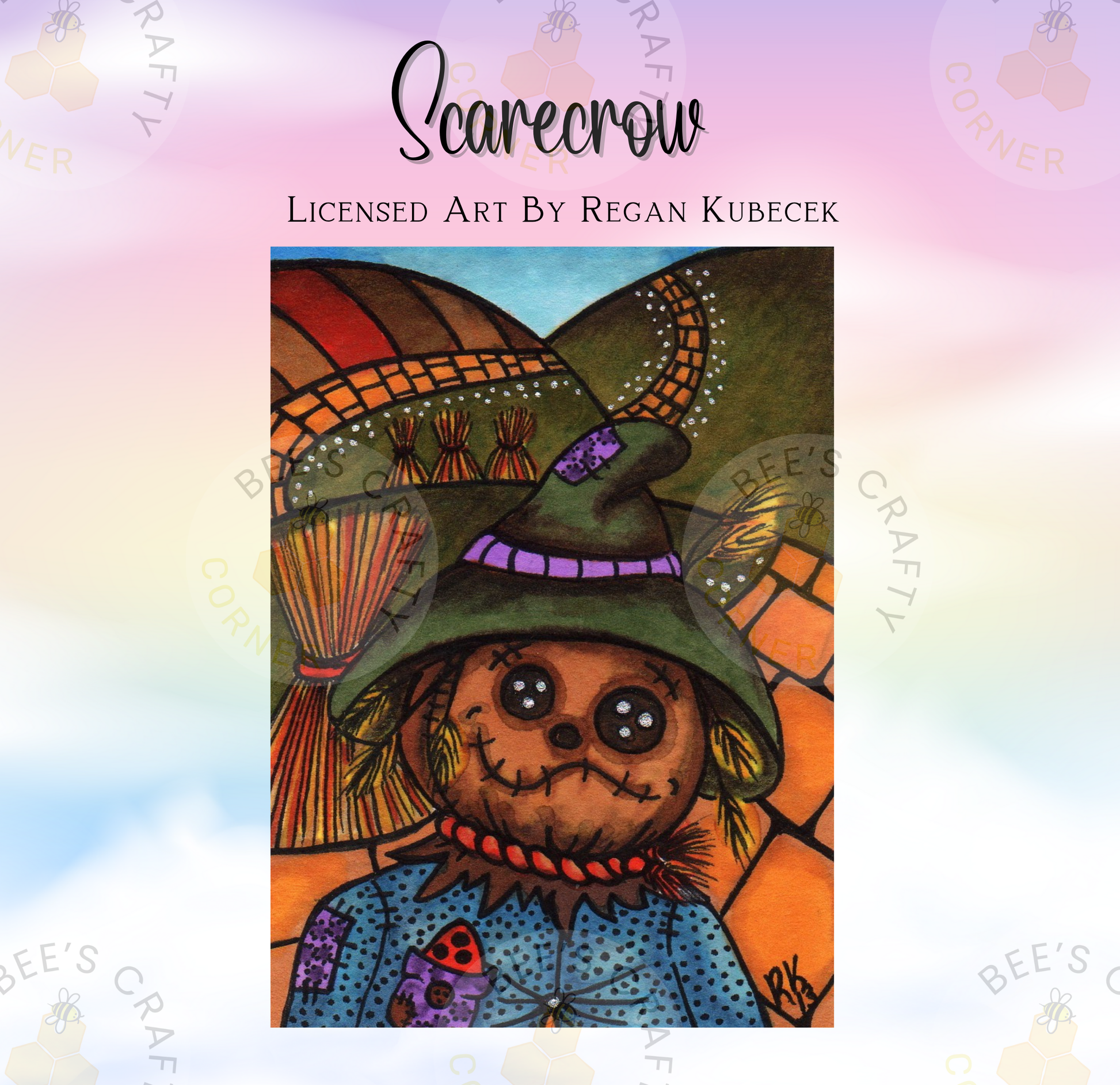 The image is a colorful illustration of a scarecrow, featuring a detailed and whimsical depiction of the character.