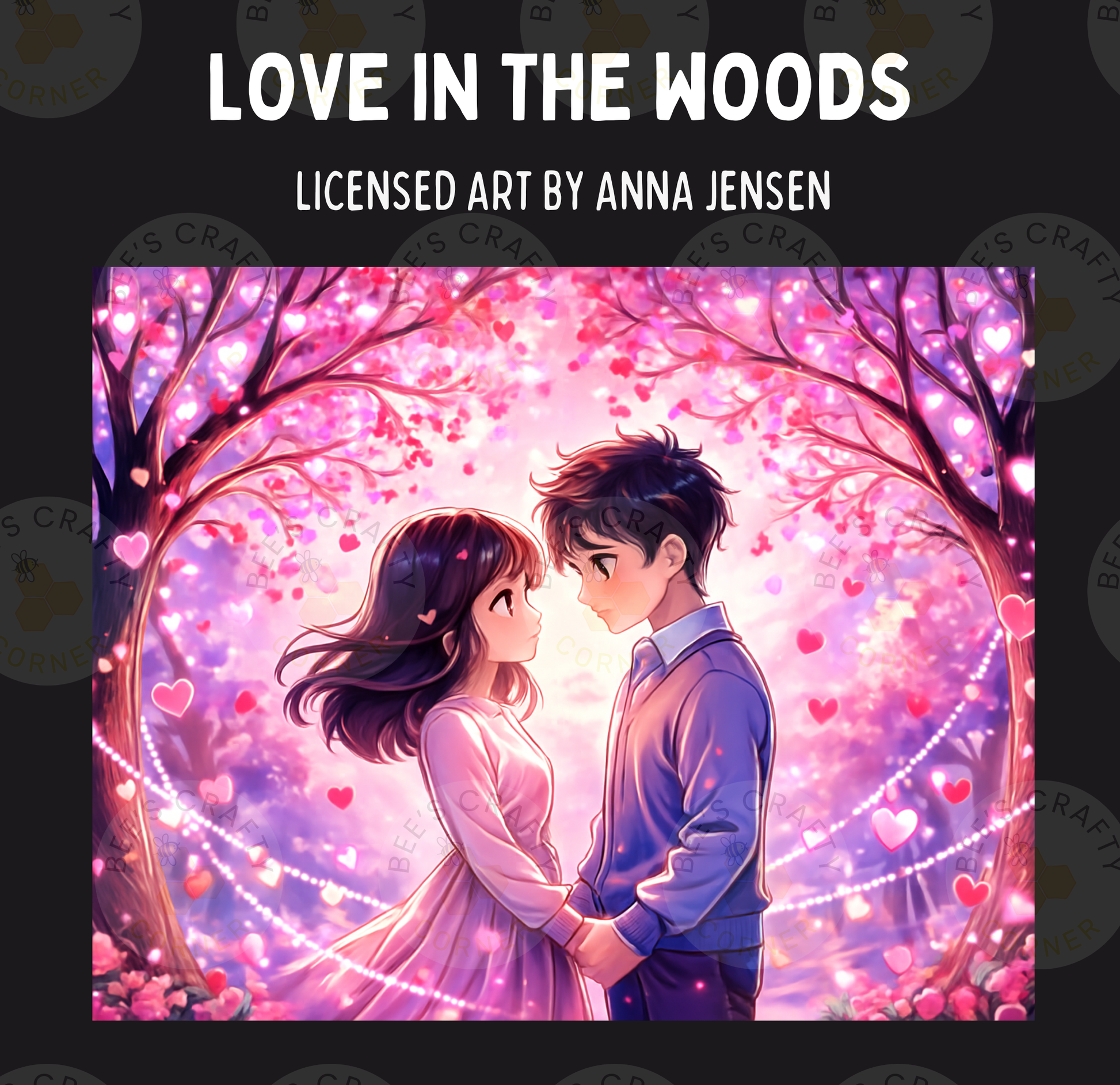 The image is a digital illustration depicting a young couple standing close together in a forest setting, surrounded by pink and purple lights.