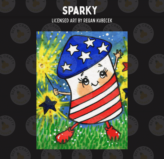 The image is a vibrant and colorful illustration of a sparkly, cartoon-like character wearing an American flag-themed hat and waving a sparkler.