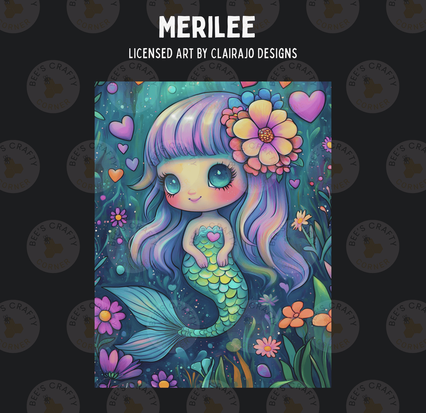 The image is a vibrant and whimsical illustration of a mermaid surrounded by a lush underwater scene filled with colorful flowers, plants, and marine life.