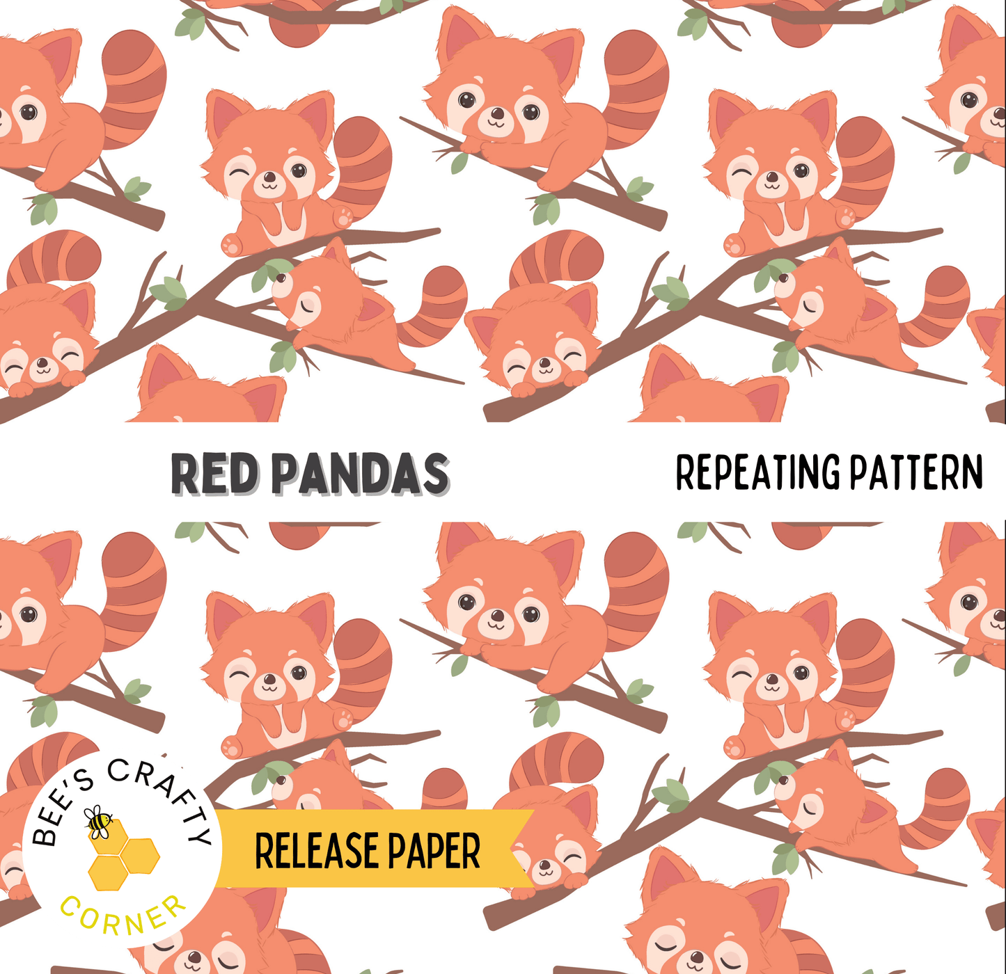 The image is a repeating pattern of red pandas on branches, with the text "RED PANDAS" and "REPEATING PATTERN" visible.