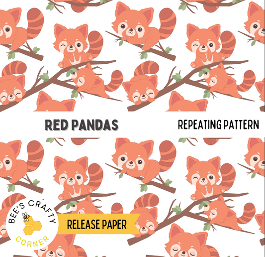 The image is a repeating pattern of red pandas on branches, with the text "RED PANDAS" and "REPEATING PATTERN" visible.