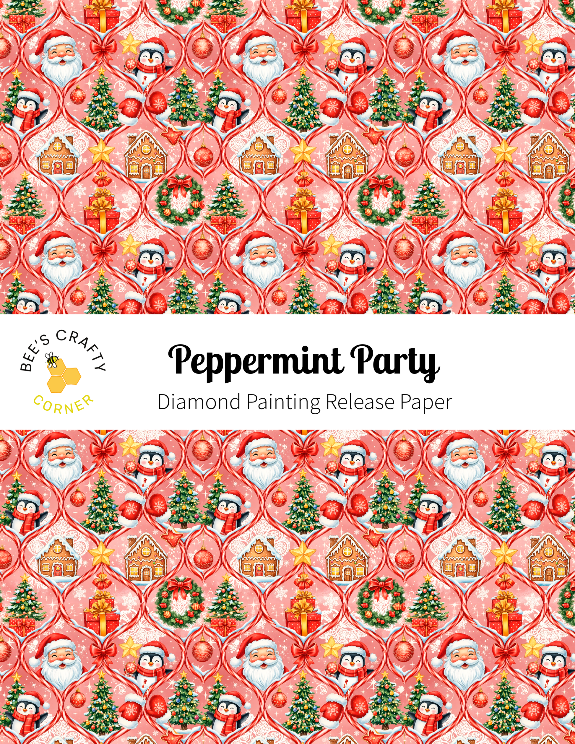 The image is a repeating pattern of Christmas-themed illustrations, including Santa Claus, Christmas trees, and other festive elements. The pattern is predominantly red and white, with occasional accents of green and gold. The text "Peppermint Party" is displayed prominently in the center of the image, and the phrase "Diamond Painting Release Paper" is written in smaller letters at the bottom.
