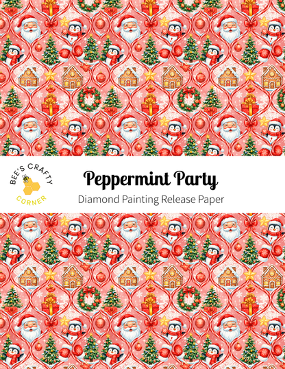 The image is a repeating pattern of Christmas-themed illustrations, including Santa Claus, Christmas trees, and other festive elements. The pattern is predominantly red and white, with occasional accents of green and gold. The text "Peppermint Party" is displayed prominently in the center of the image, and the phrase "Diamond Painting Release Paper" is written in smaller letters at the bottom.