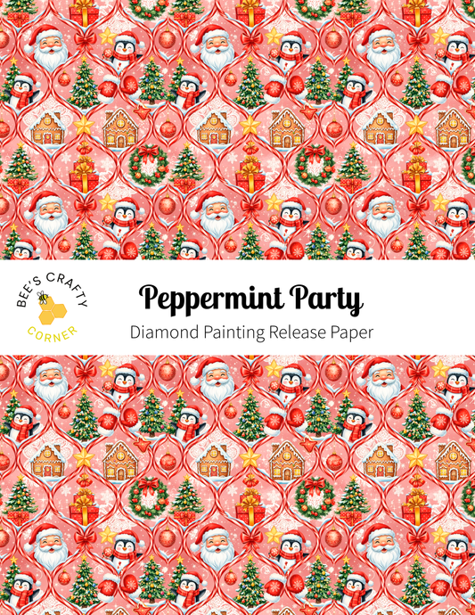The image is a repeating pattern of Christmas-themed illustrations, including Santa Claus, Christmas trees, and other festive elements. The pattern is predominantly red and white, with occasional accents of green and gold. The text "Peppermint Party" is displayed prominently in the center of the image, and the phrase "Diamond Painting Release Paper" is written in smaller letters at the bottom.