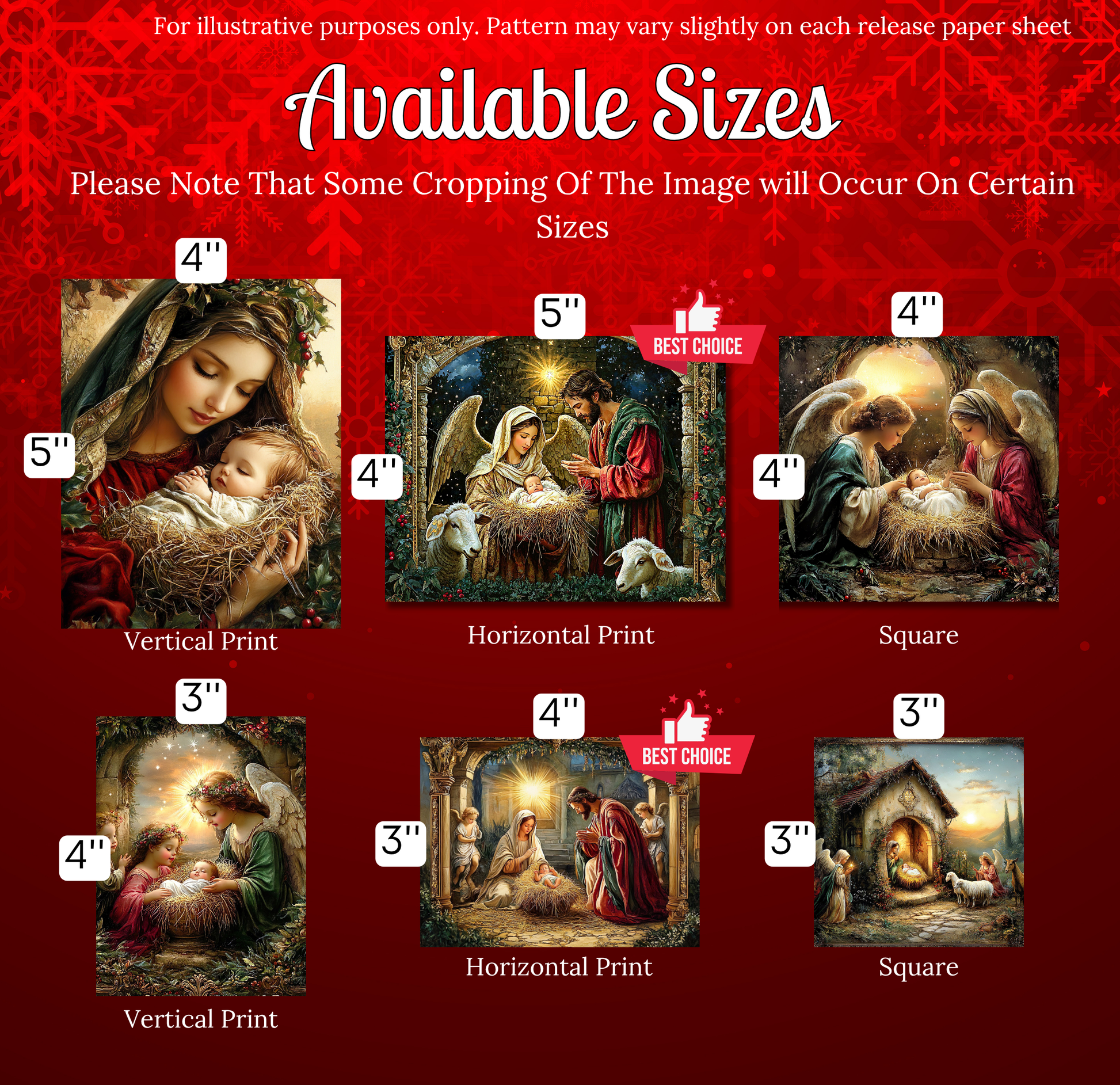 The image is a collection of six different sizes of nativity scene paintings, each depicting a different scene from the story of the birth of Jesus Christ.