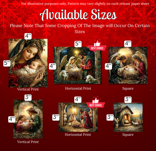 The image is a collection of six different sizes of nativity scene paintings, each depicting a different scene from the story of the birth of Jesus Christ.