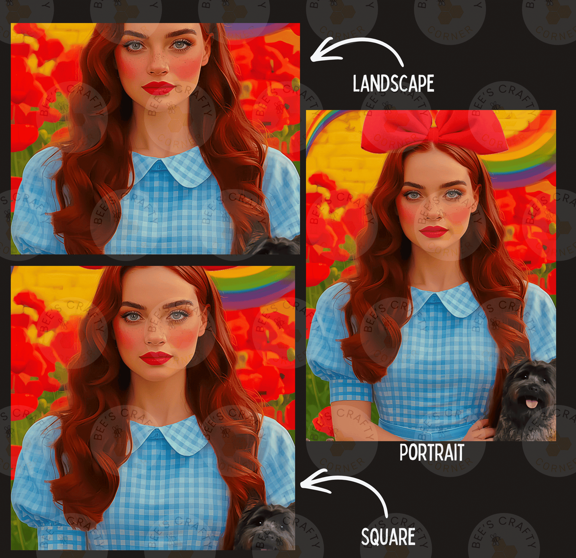 The image is a collage of three photos featuring a woman with long red hair wearing a blue and white checkered dress and a red bow in her hair. The collage includes a portrait and a landscape image, with the portrait showing the woman in a square format and the landscape image showing the woman in a landscape format.