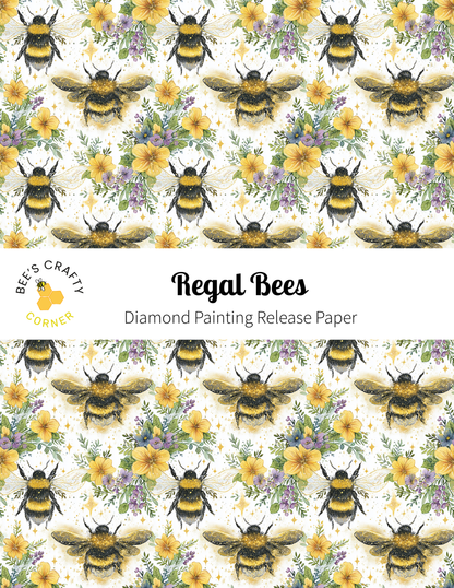 The image is a repeating pattern of bees and flowers, with the text "Regal Bees" and "Diamond Painting Release Paper" overlaid on the image.
