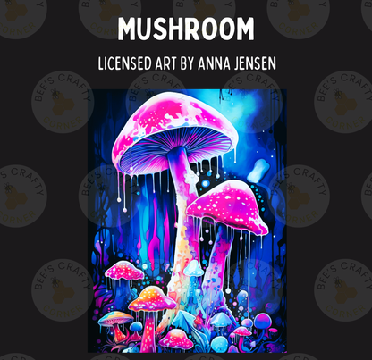 The image is a vibrant and colorful painting of a mushroom-like creature with glowing, ethereal elements against a dark background.