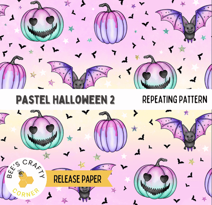 The image is a repeating pattern of Halloween-themed pumpkins and bats against a pink background.