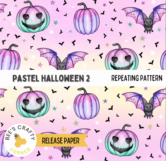 The image is a repeating pattern of Halloween-themed pumpkins and bats against a pink background.