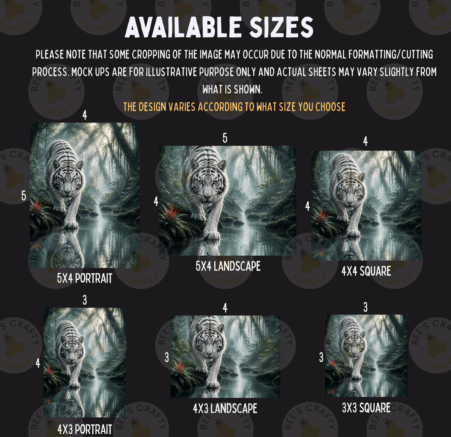 six different sizes of a tiger in various settings, including a landscape, a portrait, and a square. The sizes range from 5x4 to 5x3, and the images are arranged in a grid format.