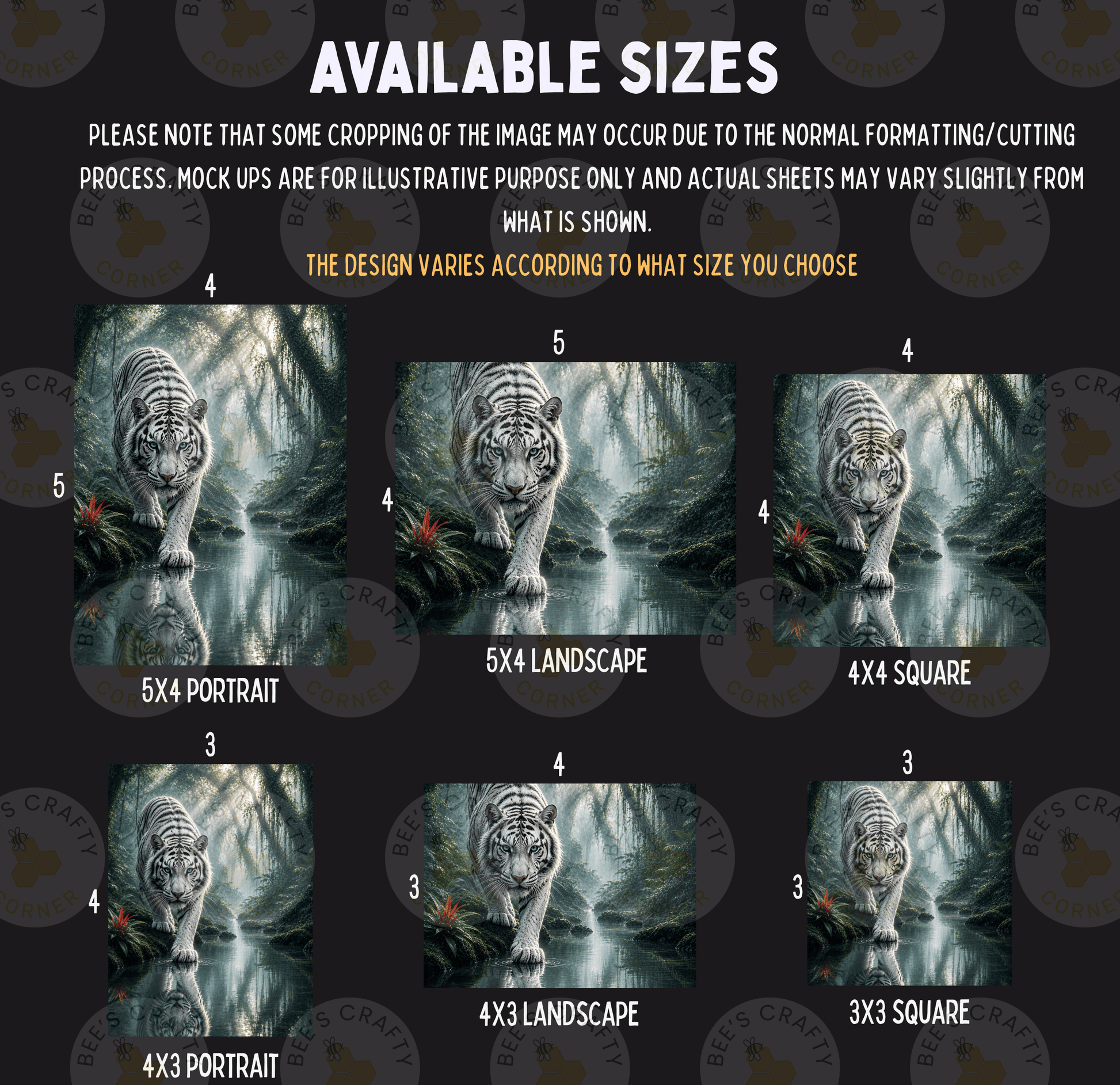 six different sizes of a tiger in various settings, including a landscape, a portrait, and a square. The sizes range from 5x4 to 5x3, and the images are arranged in a grid format.