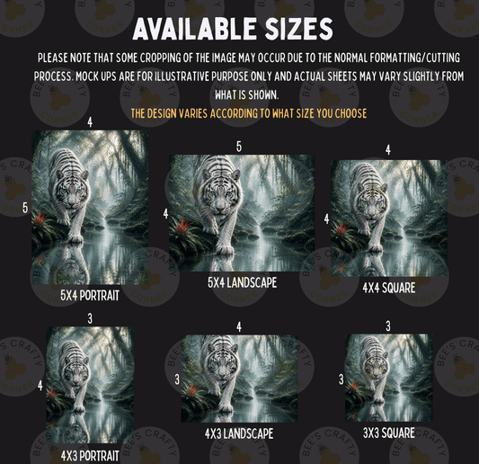 six different sizes of a tiger in various settings, including a landscape, a portrait, and a square. The sizes range from 5x4 to 5x3, and the images are arranged in a grid format.