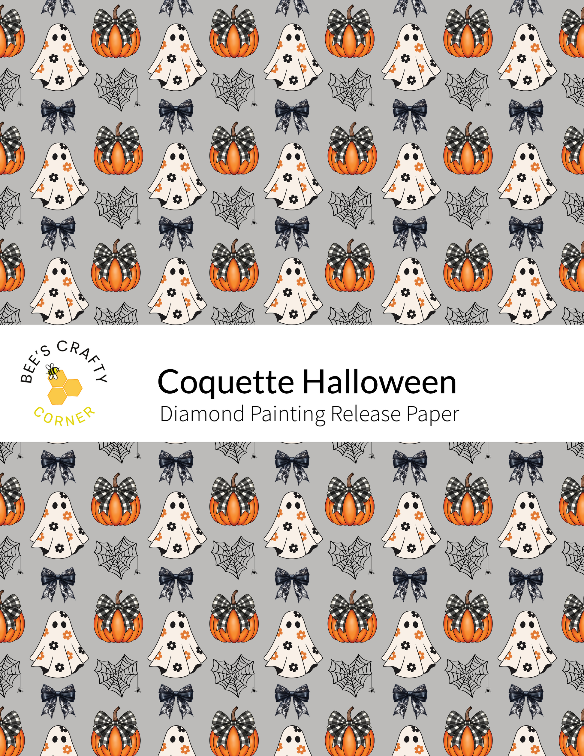 The image is a repeating pattern of Halloween-themed elements, including ghostly figures, pumpkins, and black and white spider web designs. The pattern is set against a gray background and features a variety of colors, including orange, black, and white. The text "Cocoette Halloween" is displayed prominently in the center, and the release paper is indicated as a Diamond Painting release paper.