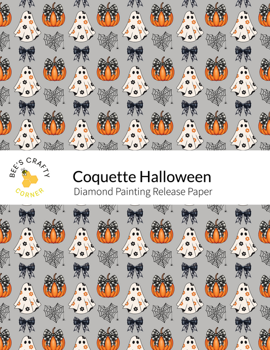 The image is a repeating pattern of Halloween-themed elements, including ghostly figures, pumpkins, and black and white spider web designs. The pattern is set against a gray background and features a variety of colors, including orange, black, and white. The text "Cocoette Halloween" is displayed prominently in the center, and the release paper is indicated as a Diamond Painting release paper.