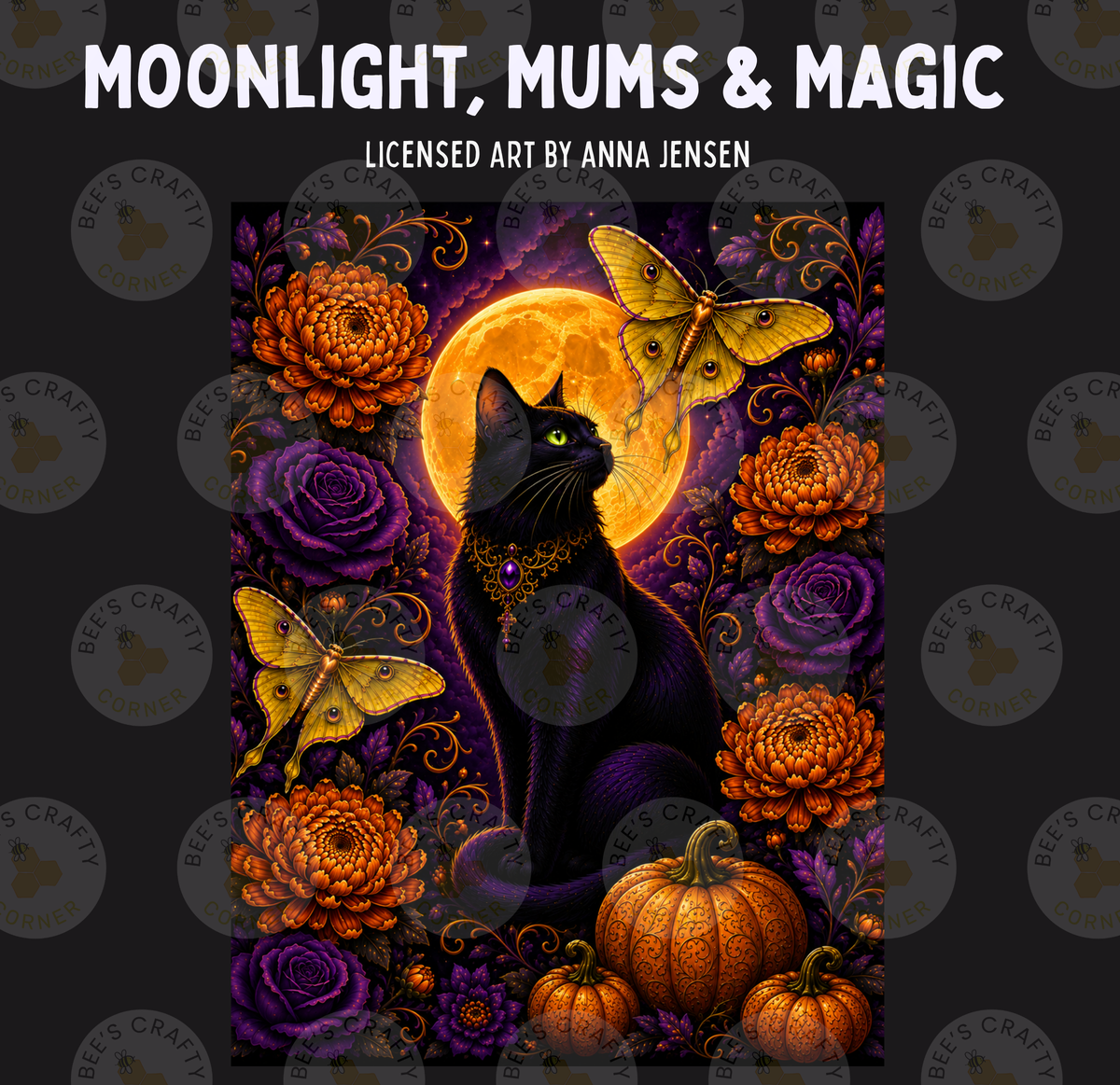 The image is a vibrant and detailed illustration of a black cat sitting on a pumpkin, surrounded by a full moon, butterflies, and flowers in shades of purple and orange.