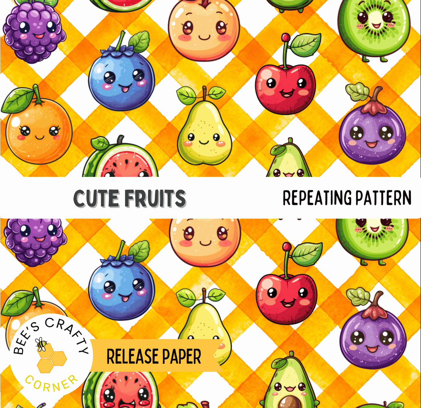 The image is a repeating pattern of various colorful and cute fruits, including grapes, watermelon, pear, kiwi, blueberry, and avocado, arranged in a grid-like pattern.
