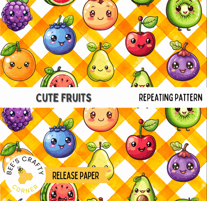 The image is a repeating pattern of various colorful and cute fruits, including grapes, watermelon, pear, kiwi, blueberry, and avocado, arranged in a grid-like pattern.