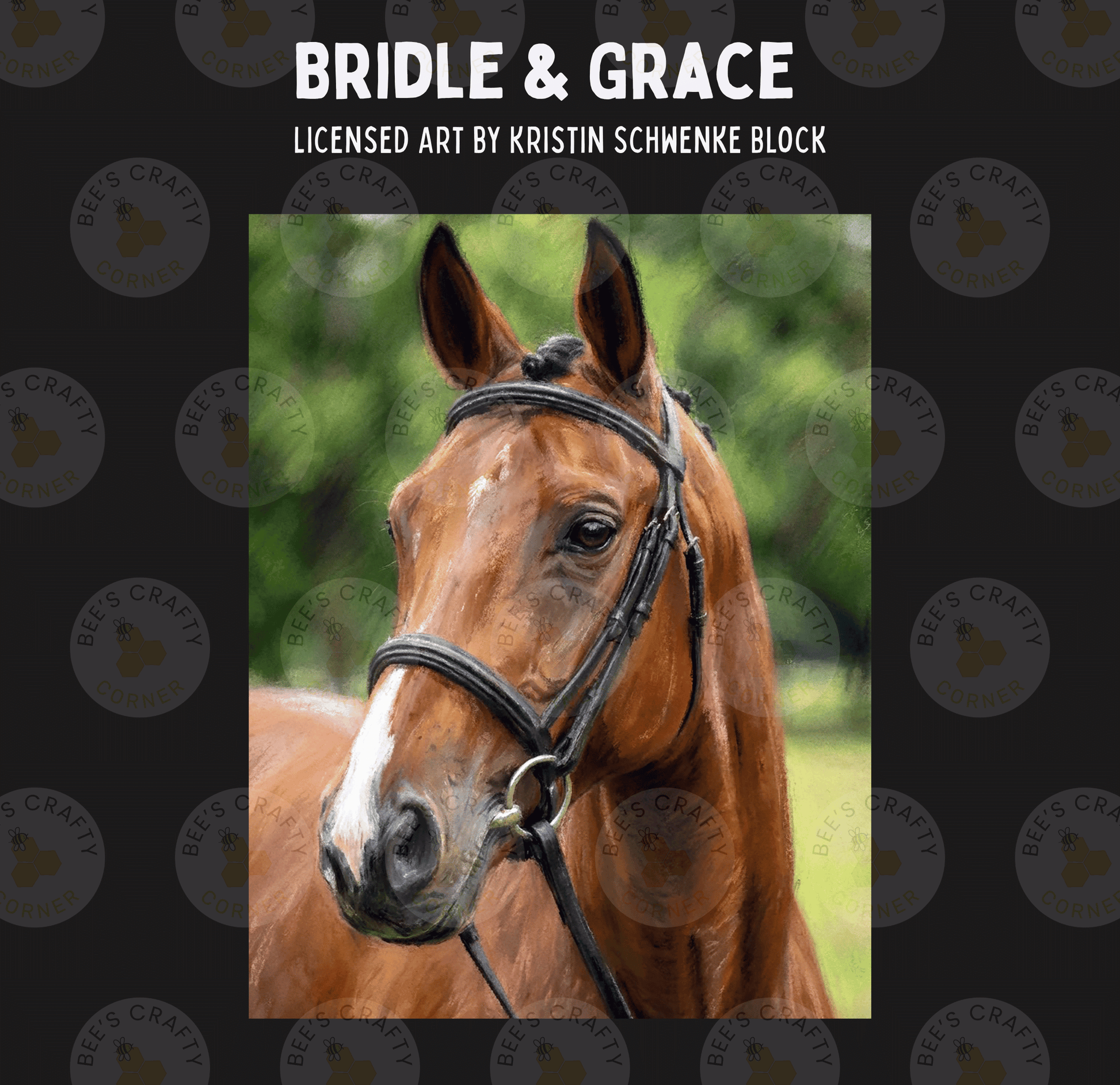 The image is a close-up portrait of a brown horse with a bridle, set against a blurred natural background.