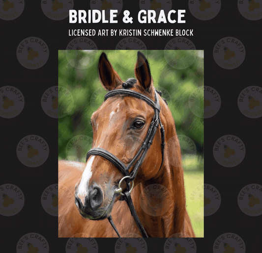 The image is a close-up portrait of a brown horse with a bridle, set against a blurred natural background.