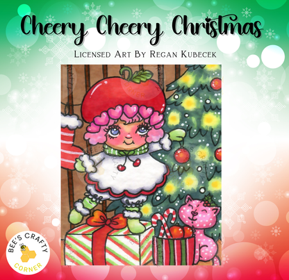 The image is a colorful illustration of a Christmas scene featuring a small girl with a red hat and a cat, surrounded by a decorated Christmas tree, presents, and candy canes.
