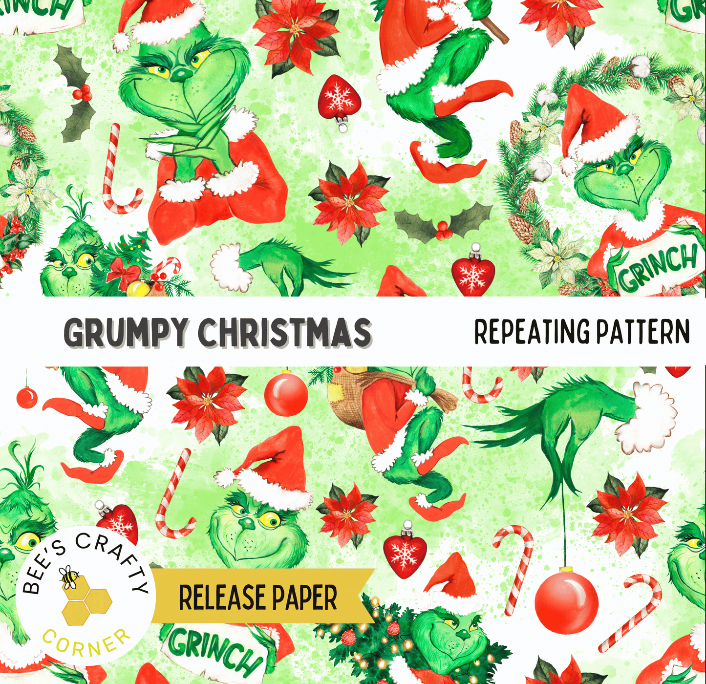 The image is a repeating pattern featuring various Christmas-themed elements, including the Grinch, poinsettias, candy canes, and other festive decorations.