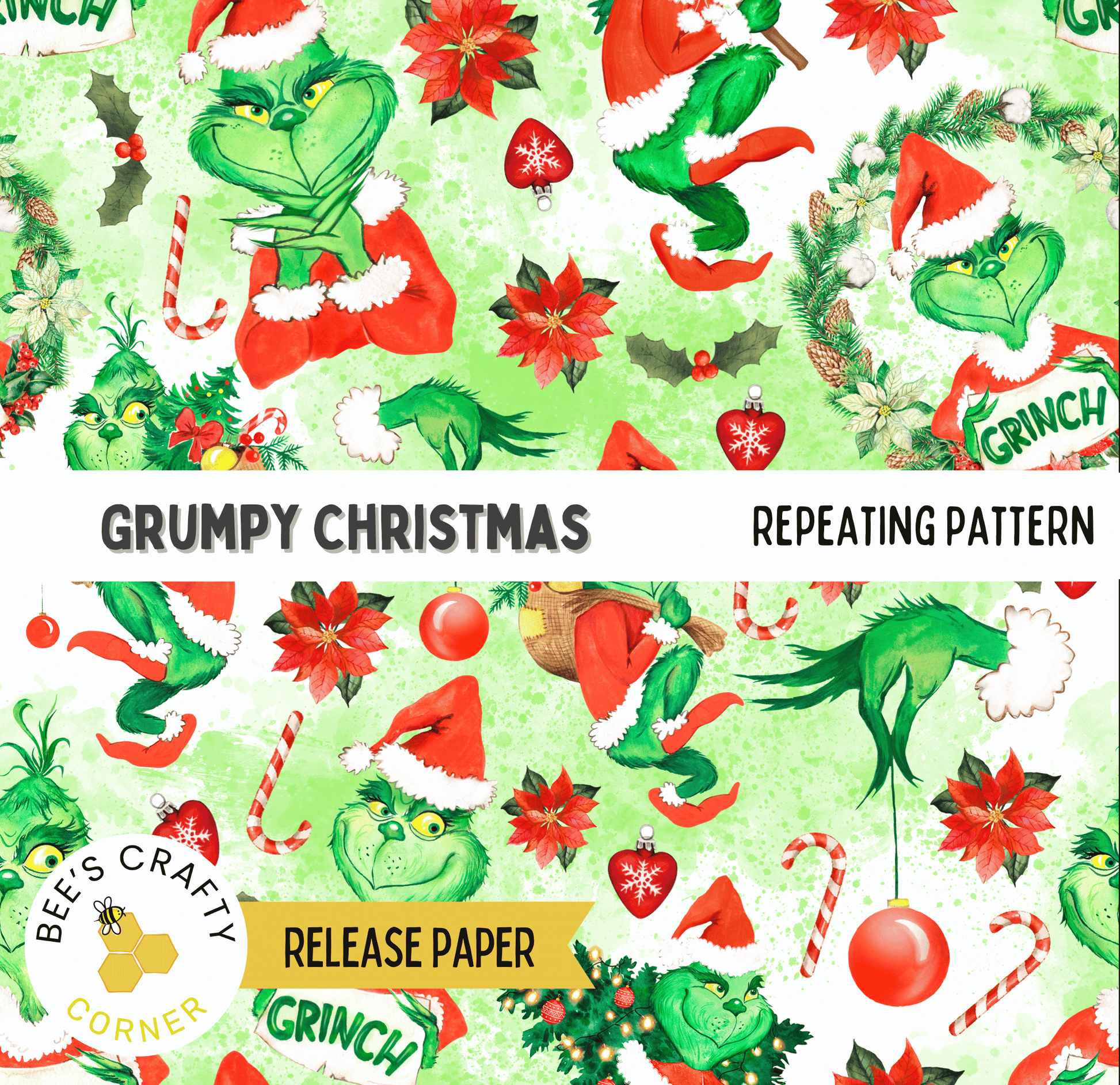 The image is a repeating pattern featuring various Christmas-themed elements, including the Grinch, poinsettias, candy canes, and other festive decorations.