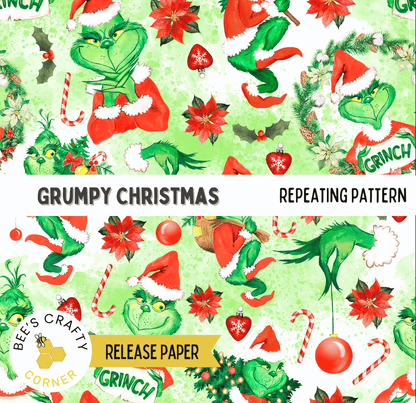 The image is a repeating pattern featuring various Christmas-themed elements, including the Grinch, poinsettias, candy canes, and other festive decorations.