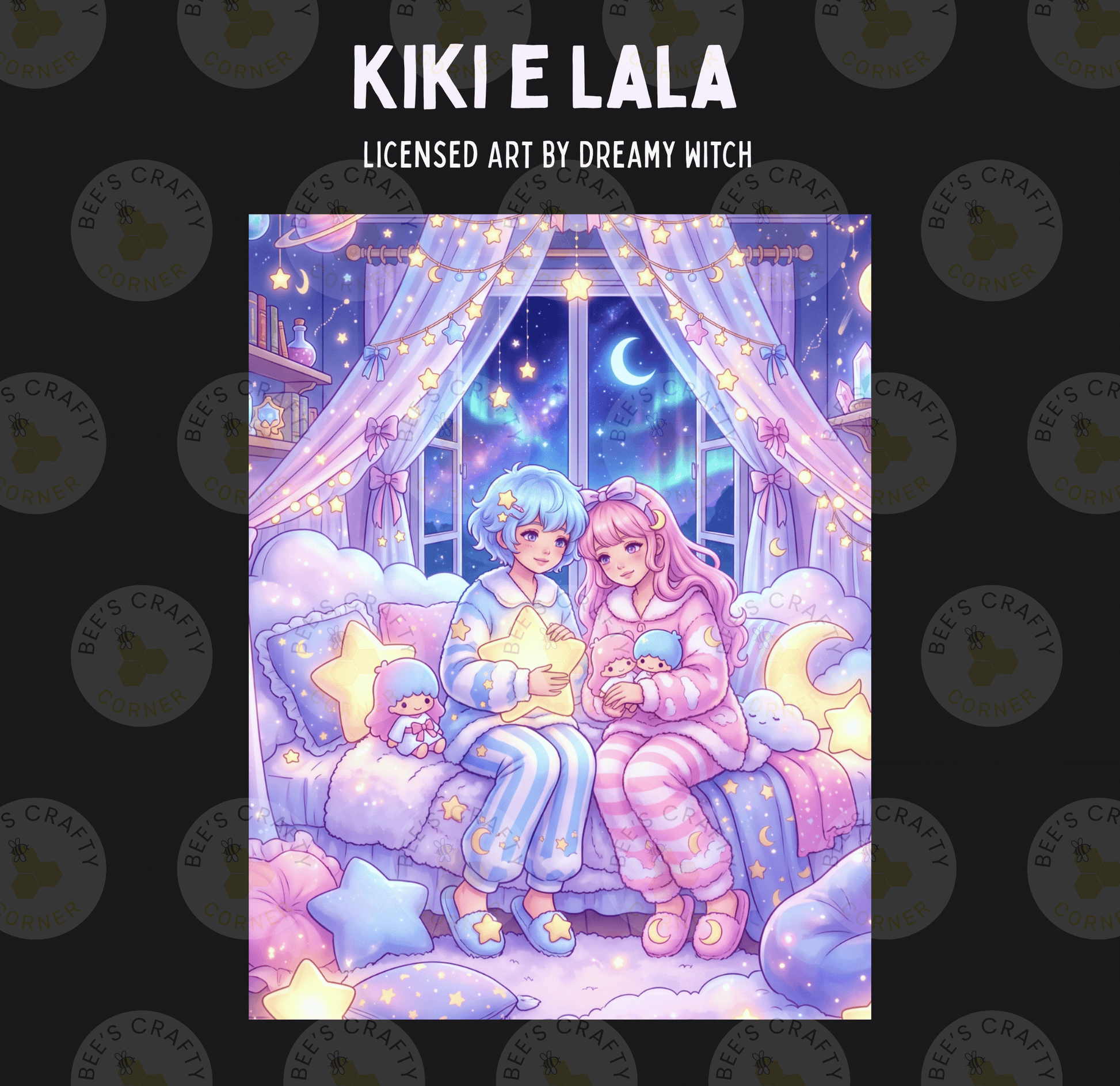The image is a collage of various images depicting a whimsical, fantastical scene with two girls sitting on a couch under a starry night sky.