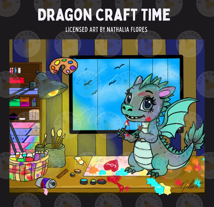 The image is a colorful illustration depicting a dragon craft time scene, with various craft supplies and a dragon cutting out shapes on a table.