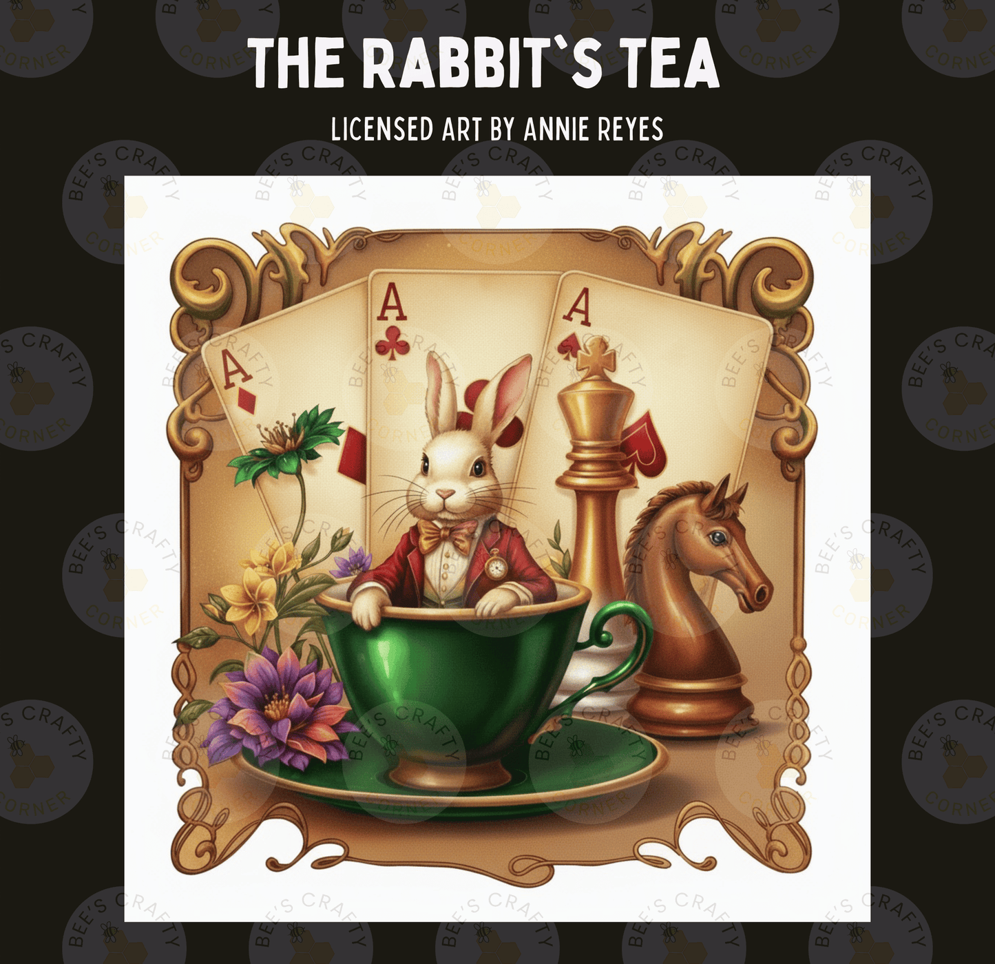 The image is a whimsical illustration featuring a rabbit, a horse, and a cup of tea, all set against a decorative background.