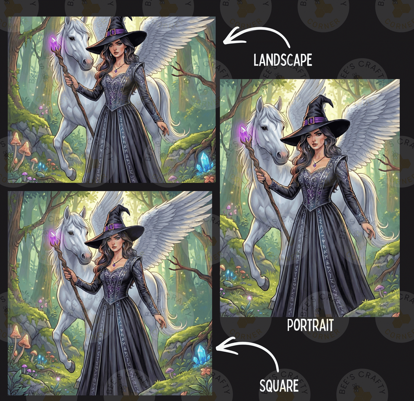 The image is a collage of three images depicting a woman in a witch's dress and hat standing next to a white unicorn in a forest setting.