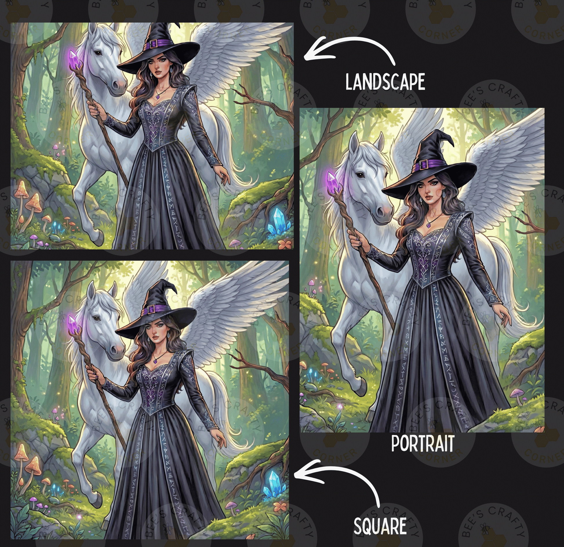 The image is a collage of three images depicting a woman in a witch's dress and hat standing next to a white unicorn in a forest setting.