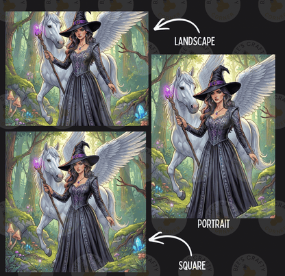 The image is a collage of three images depicting a woman in a witch's dress and hat standing next to a white unicorn in a forest setting.