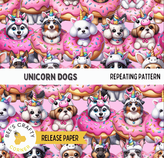 The image is a repeating pattern of unicorn dogs wearing unicorn hats and sitting on pink donuts with sprinkles.