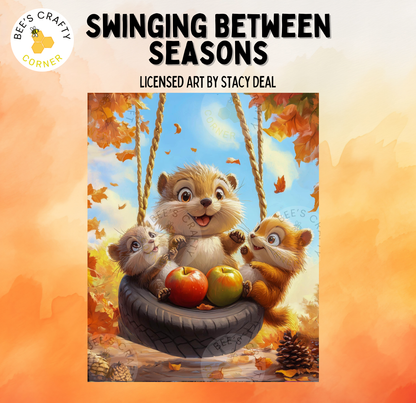 The image is a painting depicting three cartoon animals, including a squirrel, a chipmunk, and a beaver, sitting together in a tire swing surrounded by autumn leaves and apples.